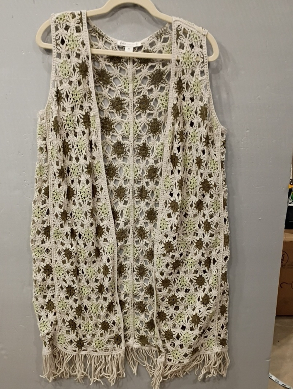 Cato Crochet Fringe Vest Dress - Cream & Olive Green